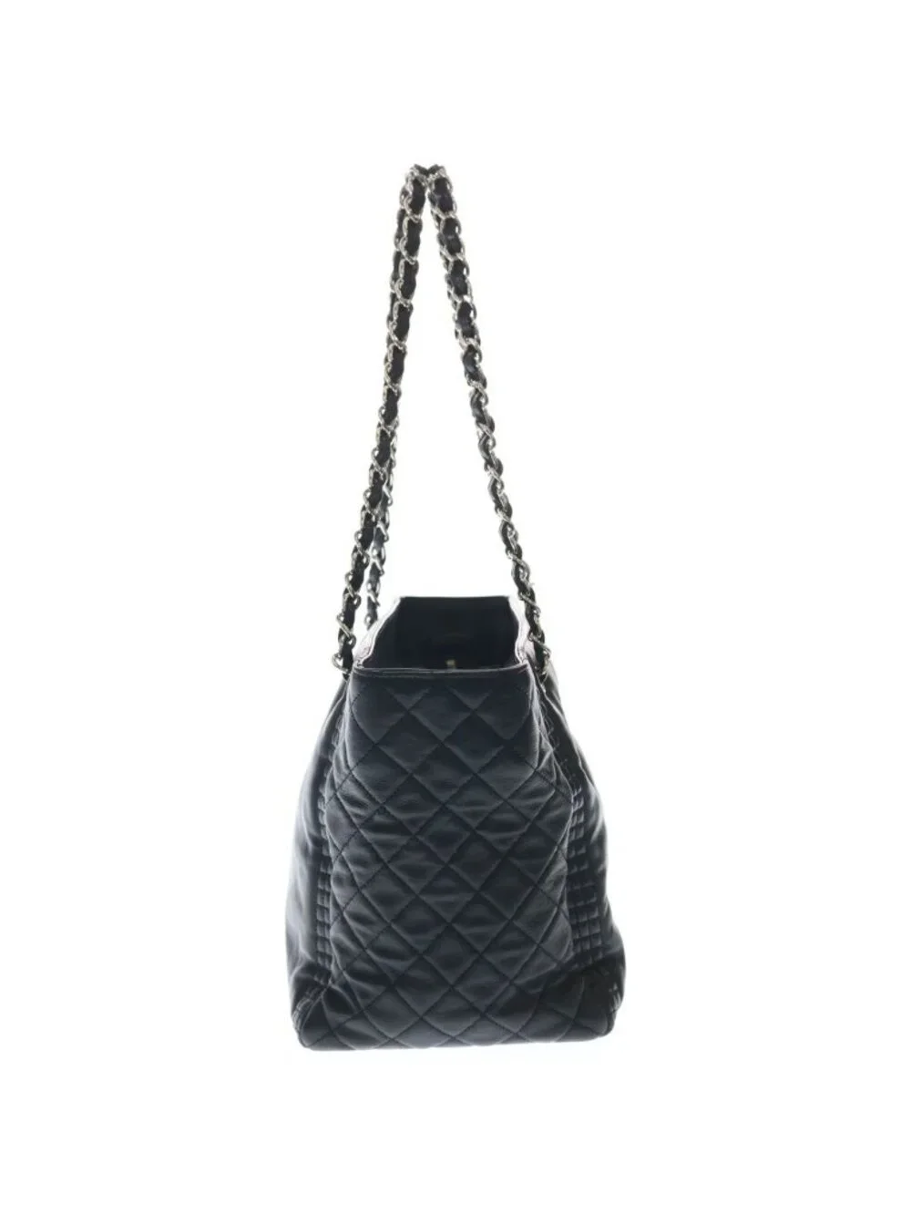 ★SOLD★ Chanel CC Logo Quilted Lambskin Leather Chain Shoulder Tote Silver Black - Picture 3 of 7